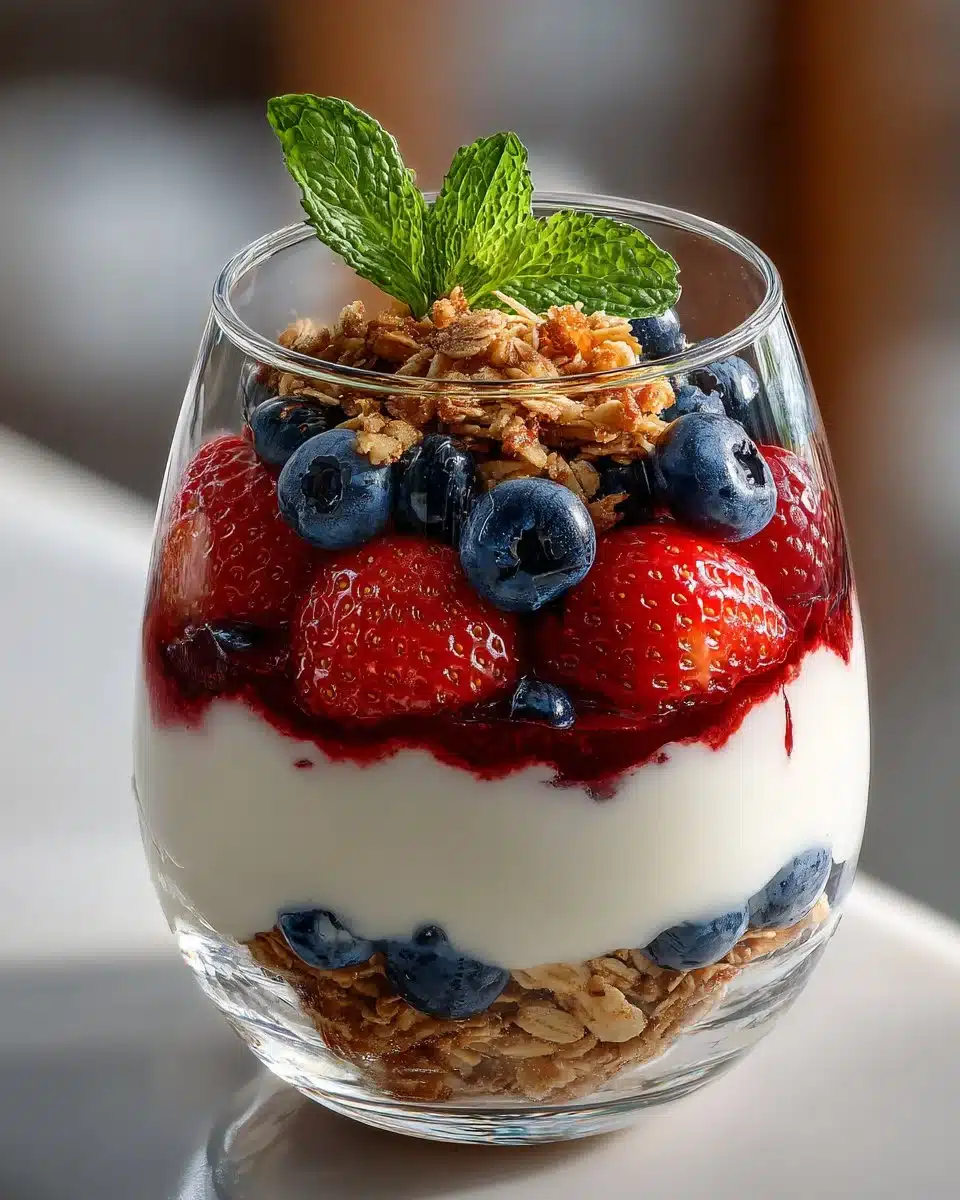 Red and blue berry parfait topped with honey granola in a clear glass dish