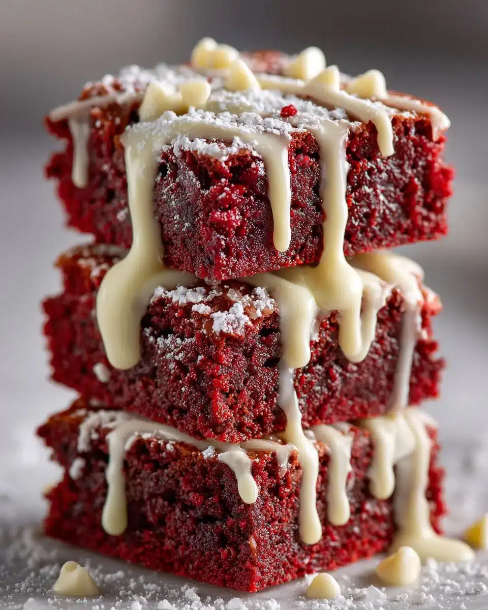Delicious red velvet brownies drizzled with white chocolate