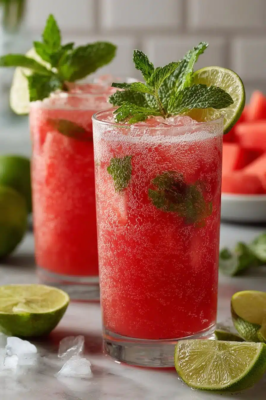 Glass of refreshing summer watermelon mint cooler drink with mint leaves
