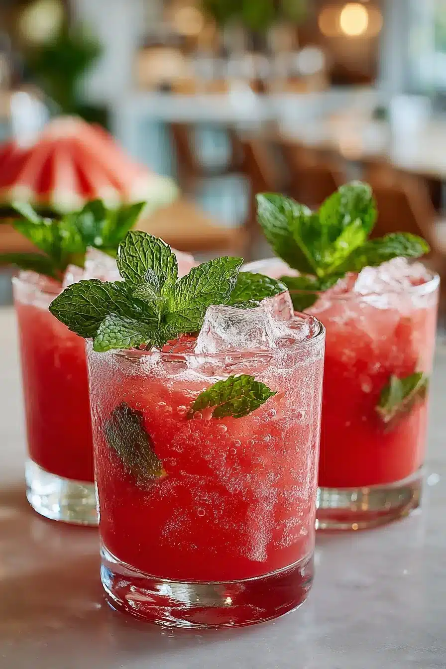 Refreshing watermelon mint mocktail drink served in a glass with mint leaves.