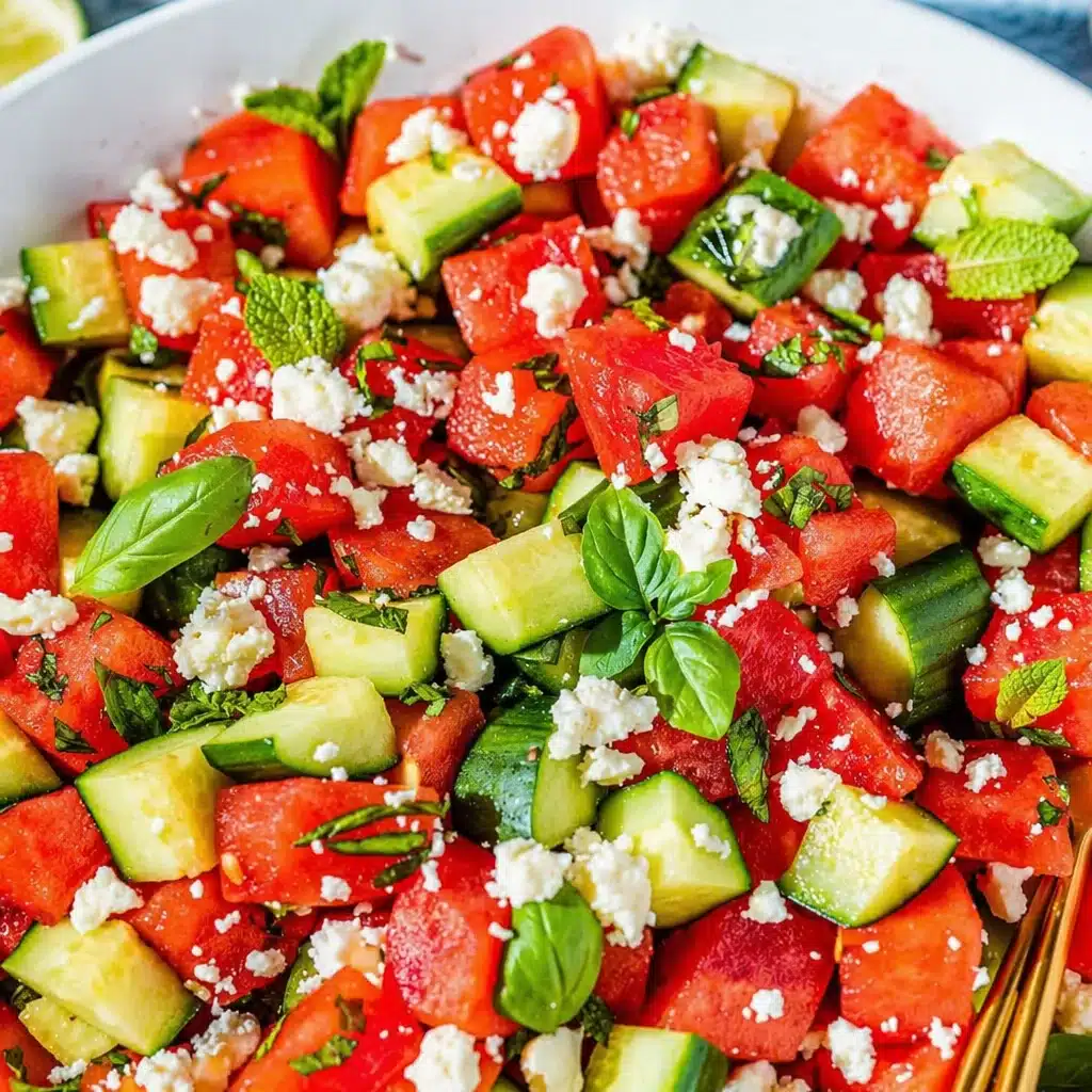 Refreshing Watermelon Cucumber Summer Salad with feta and mint.