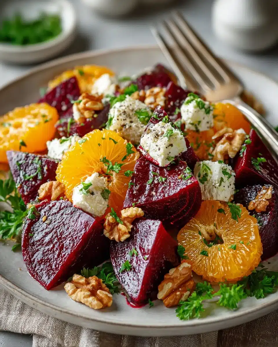 Roasted beetroot and orange salad garnished with fresh greens