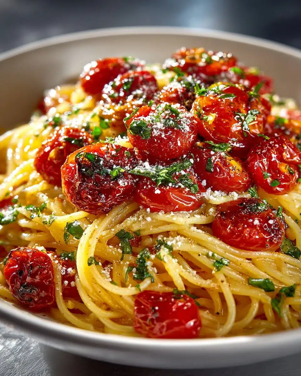 Dish of roasted cherry tomato and basil angel hair pasta topped with herbs