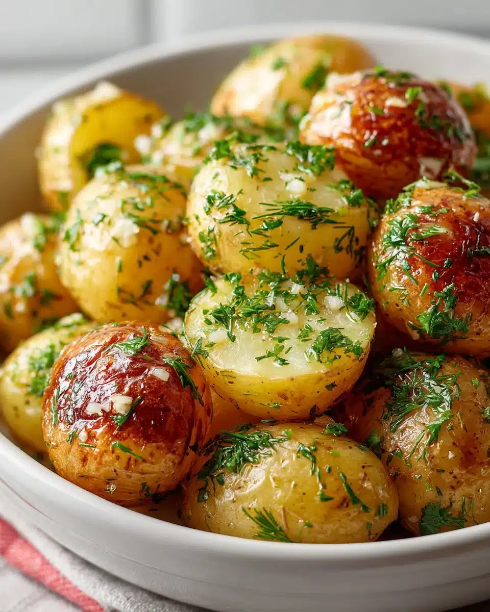 Roasted Garlic and Herb Potato Salad in a bowl, garnished with fresh herbs