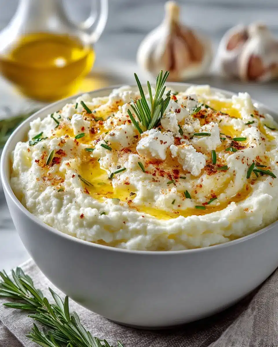 Delicious roasted garlic feta mashed potatoes served in a bowl