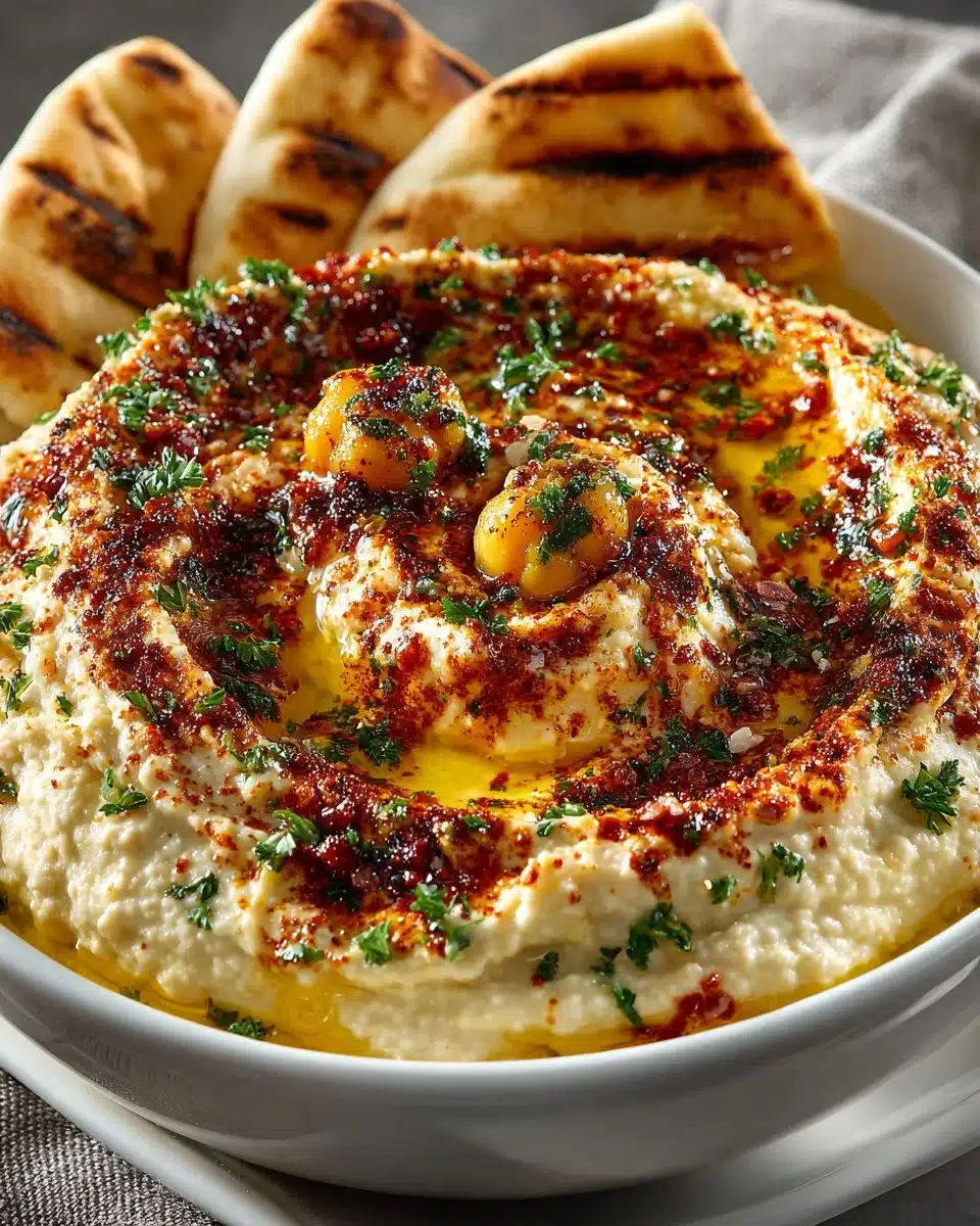 Delicious roasted garlic hummus served with grilled pita bread