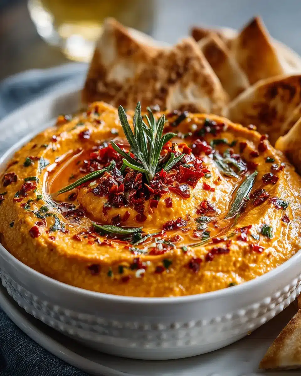 Bowl of roasted red pepper hummus served with crispy pita chips