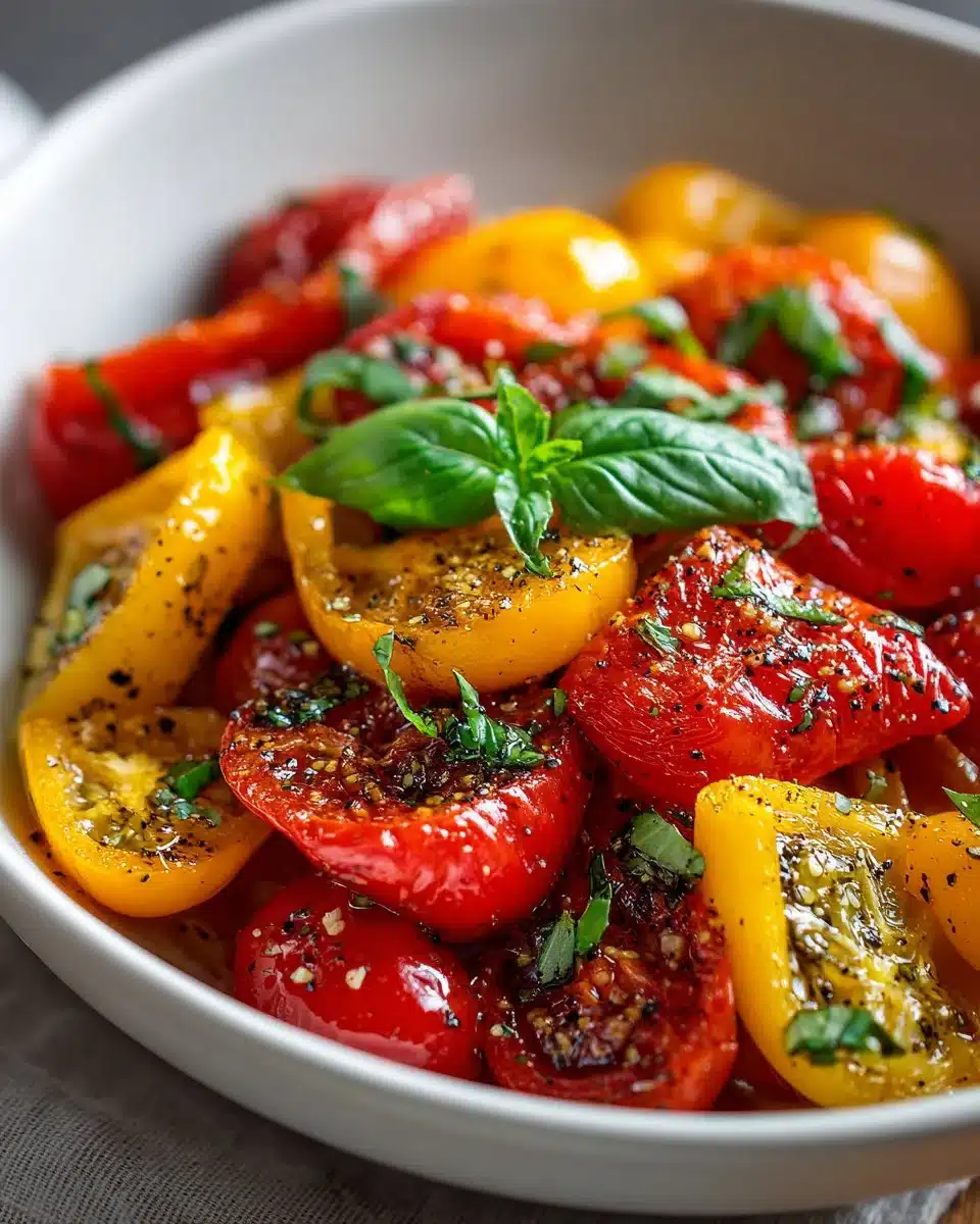 Roasted sweet pepper and cherry tomato salad served in a bowl
