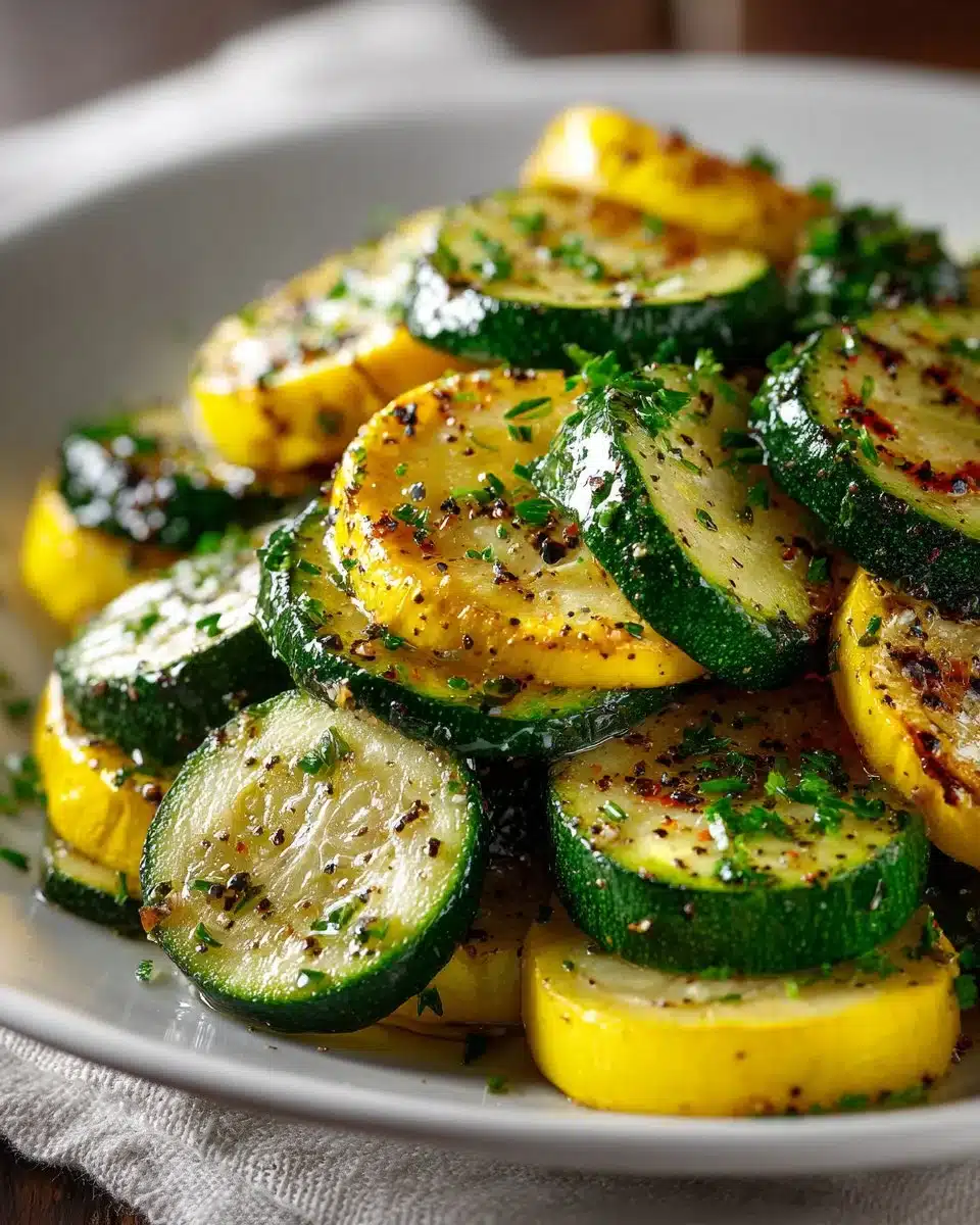 Bowl of roasted zucchini and yellow squash with herbs and spices