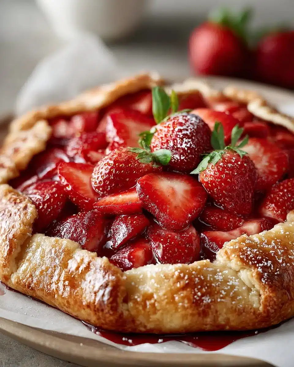Rustic strawberry rhubarb galette with flaky crust and fresh fruit filling.