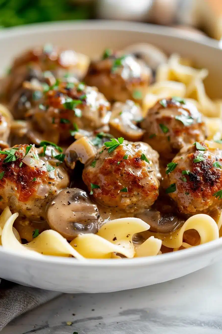 Delicious Rustic Turkey Meatball Stroganoff served with creamy sauce and pasta.