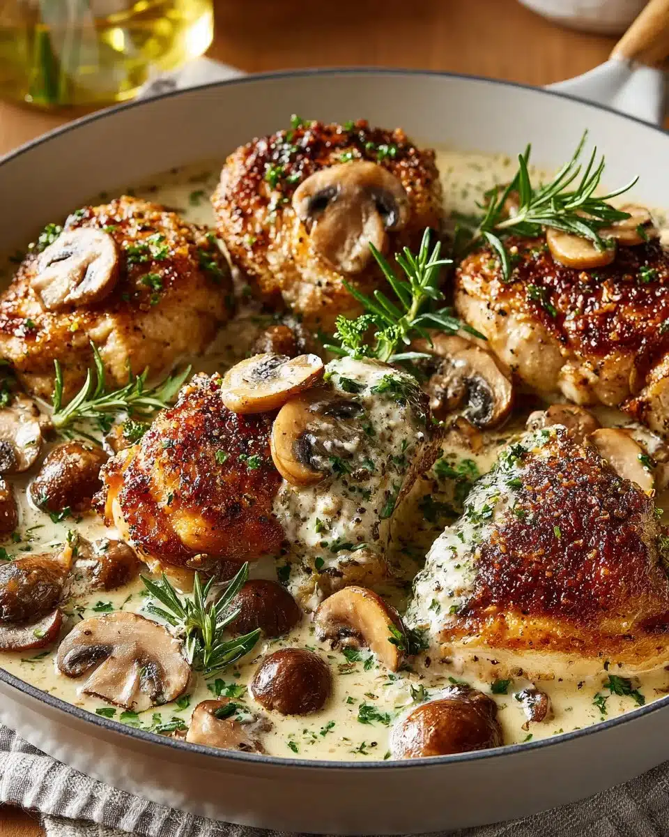Skillet creamy mushroom and herb chicken with fresh herbs and mushrooms