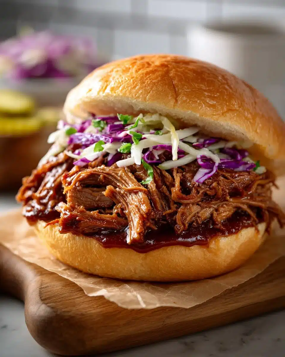 Slow Cooker BBQ Pulled Beef Sandwiches served on a rustic wooden plate
