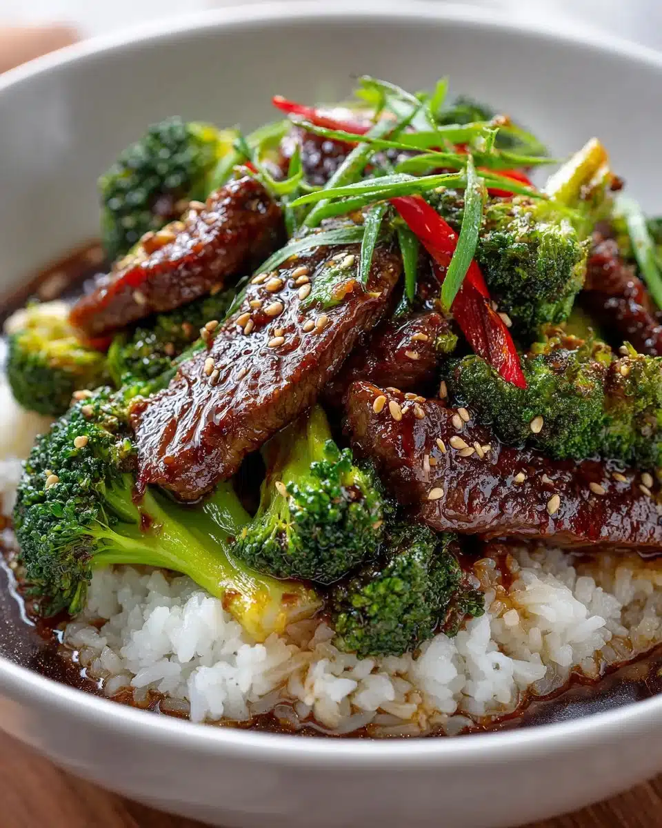 Slow Cooker Beef and Broccoli dish served in a bowl with rice.