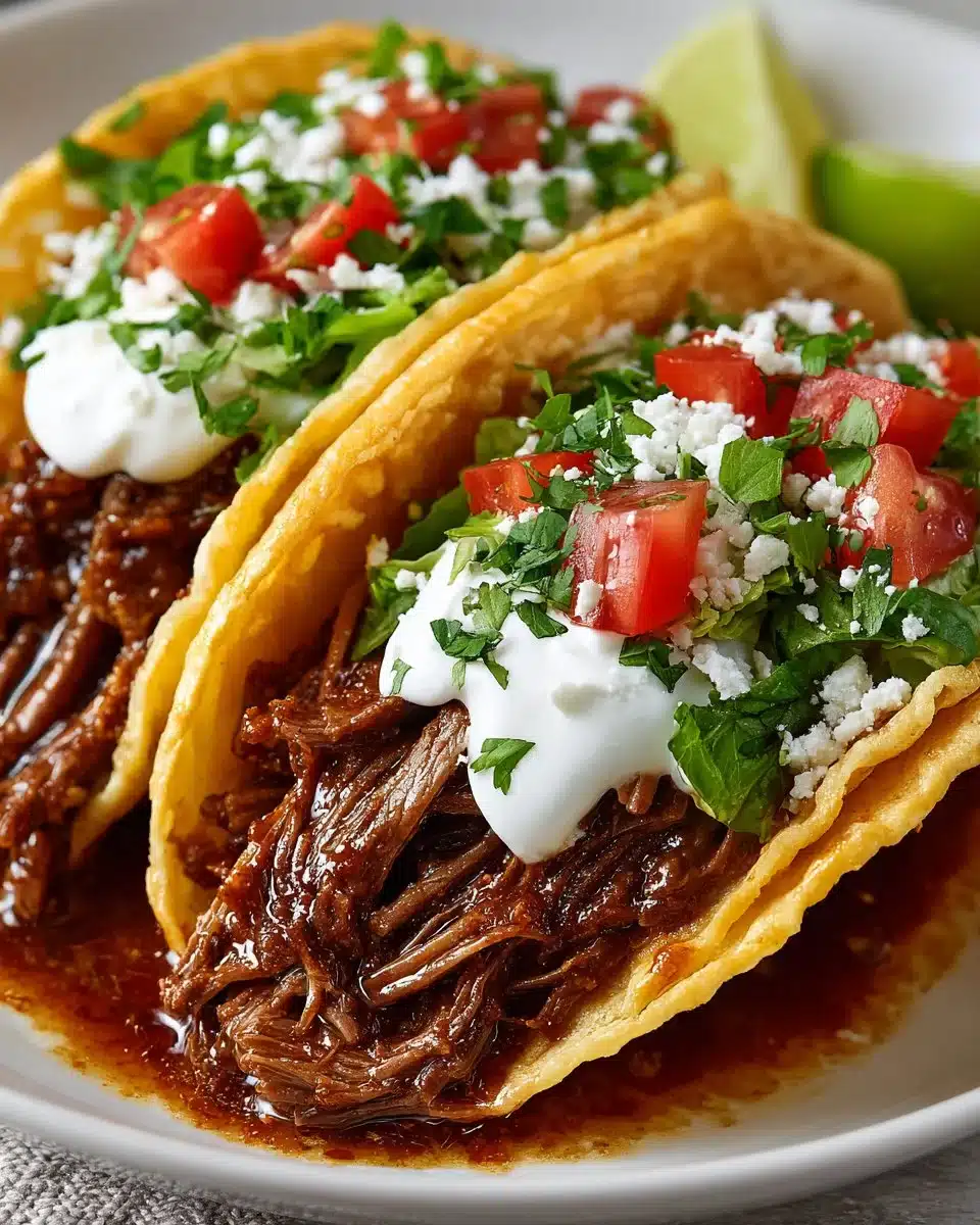 Slow cooker shredded beef tacos served with toppings