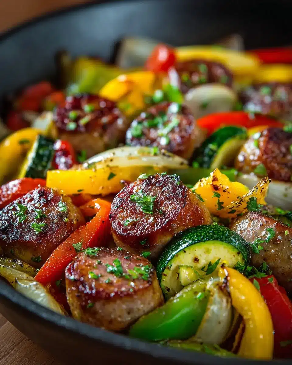 Smoked beef sausage and vegetable skillet served in a vibrant dish