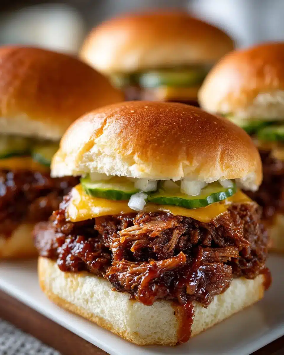 Smoked brisket style halal beef sliders with toppings on a plate