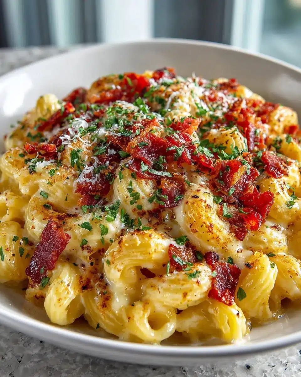 Delicious Smoked Gouda and Turkey Bacon Macaroni served in a bowl