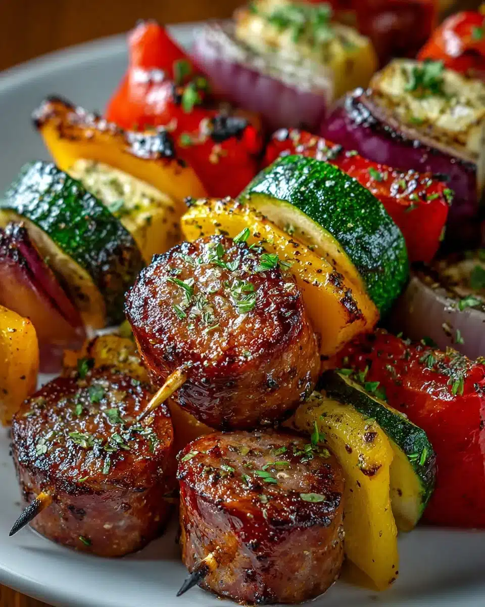 Smoked turkey sausage and vegetable skewers on a grill