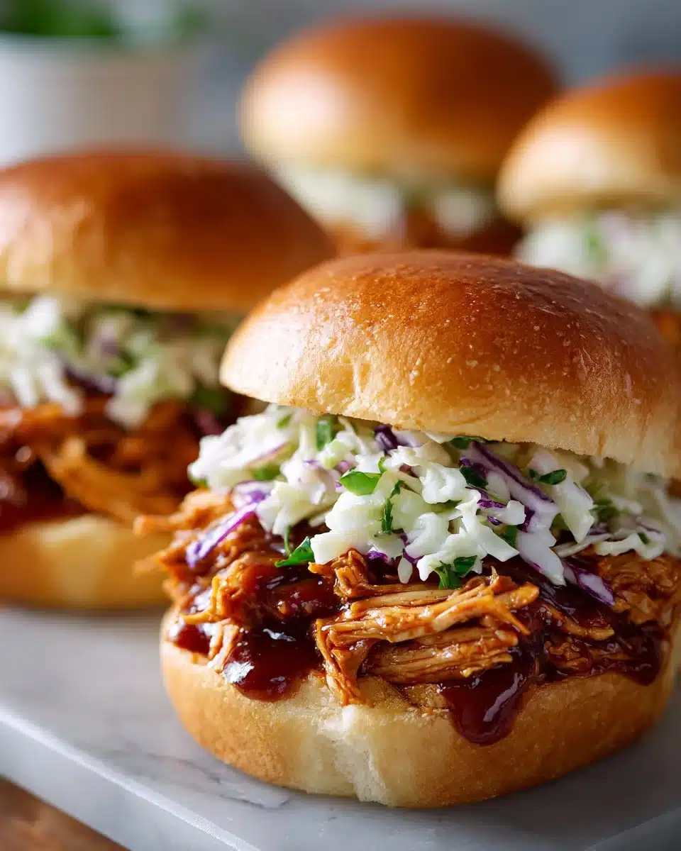 Smoky BBQ Pulled Chicken Sandwiches served with coleslaw and garnishes