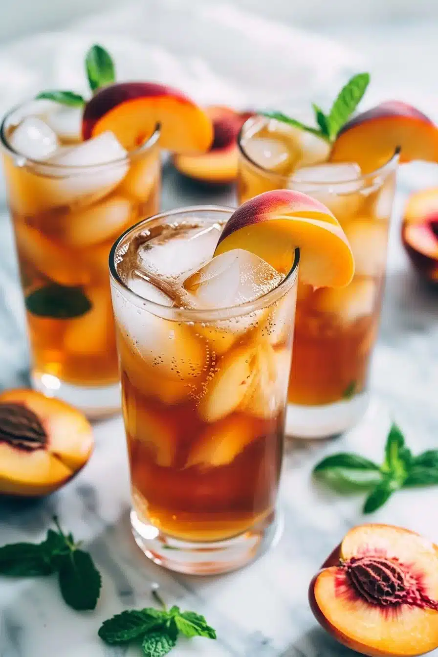 Southern Peach Sweet Tea Mocktail served in a glass with fresh peaches and mint.