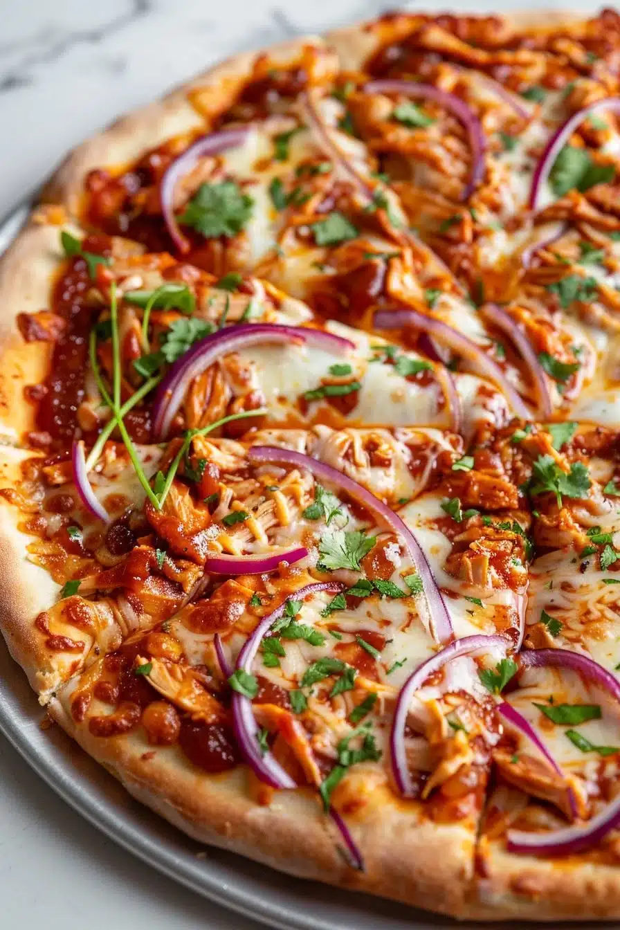 Southern Style BBQ Chicken Pizza with tangy BBQ sauce and fresh toppings