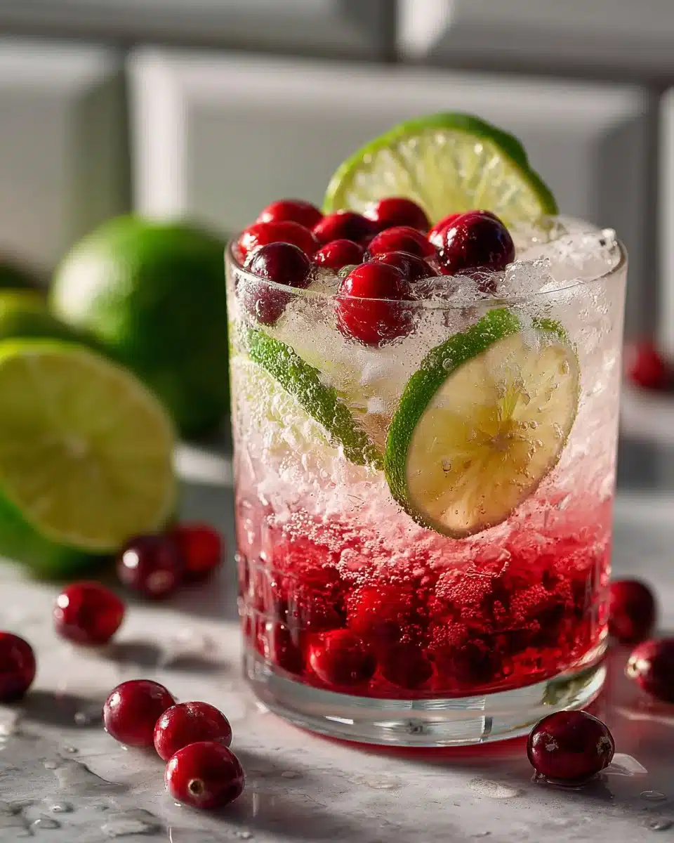 Sparkling cranberry lime mocktail in a glass with lime slices and cranberries