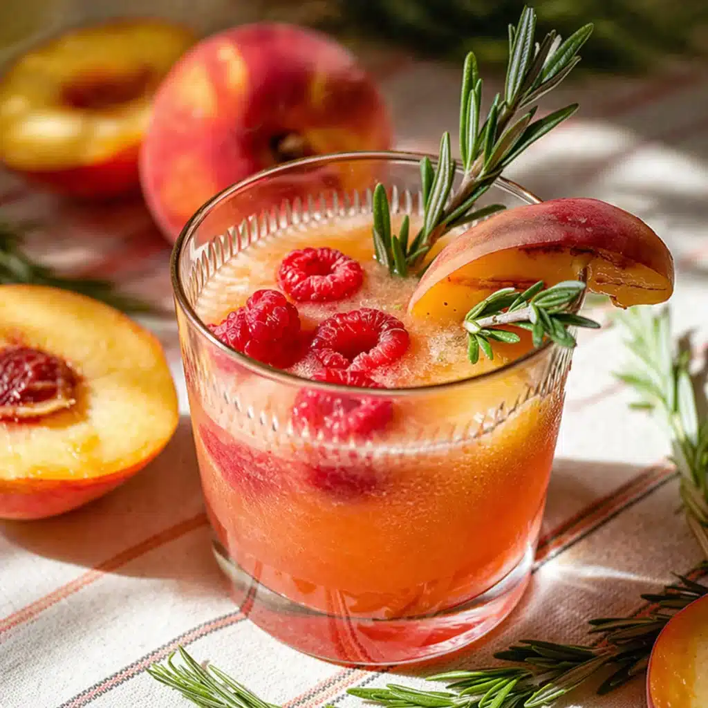Sparkling Peach and Raspberry Summer Mocktail garnished with fresh peach slices