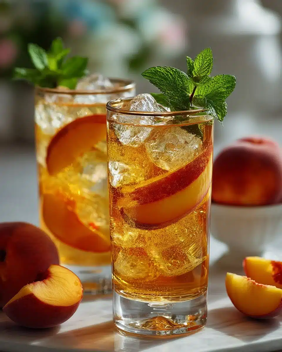 Sparkling Peach Green Tea in a glass with fresh peach slices