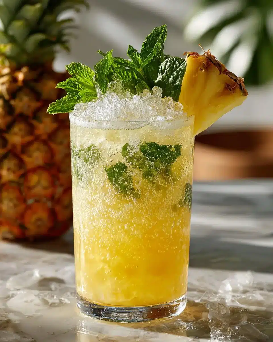 Sparkling Pineapple Ginger Mocktail garnished with mint