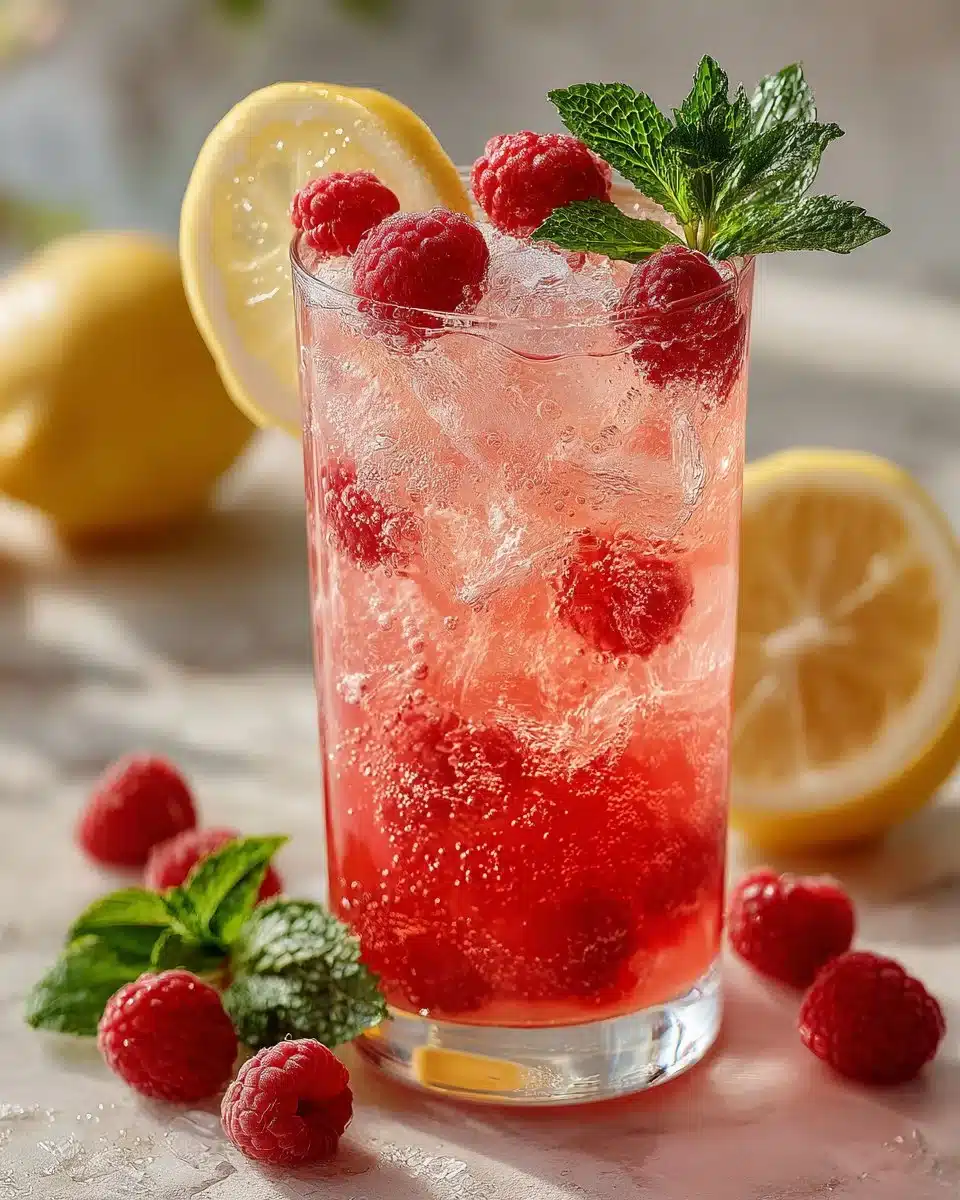 Sparkling Raspberry Lemonade Mocktail served in a glass with fresh raspberries