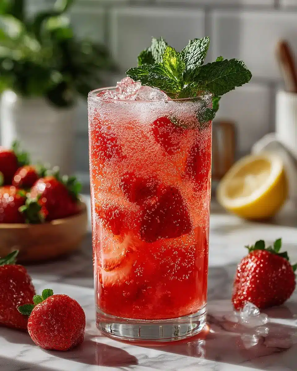 Sparkling strawberry lemonade cooler in a glass with fresh strawberries.