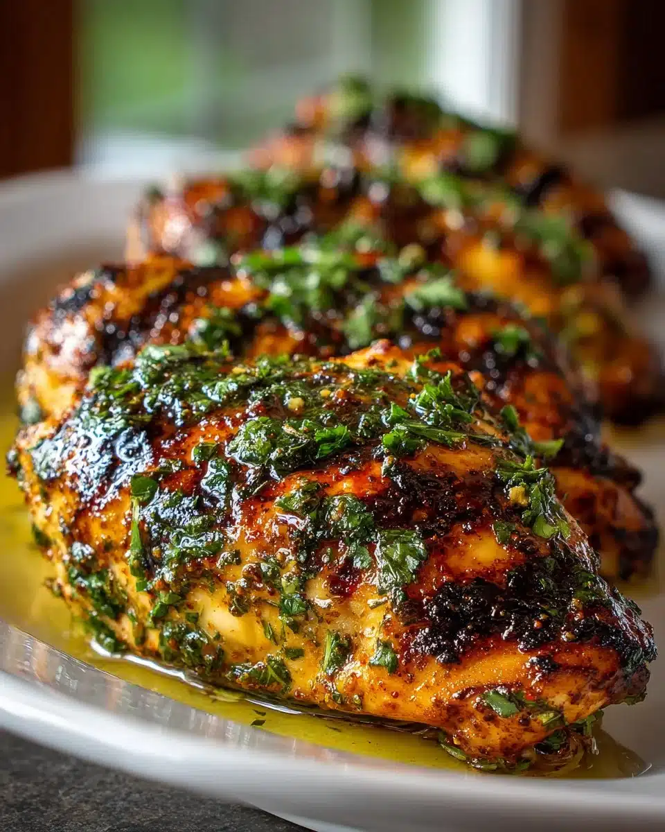Spicy grilled lime cilantro chicken on a plate with fresh herbs and lime wedges