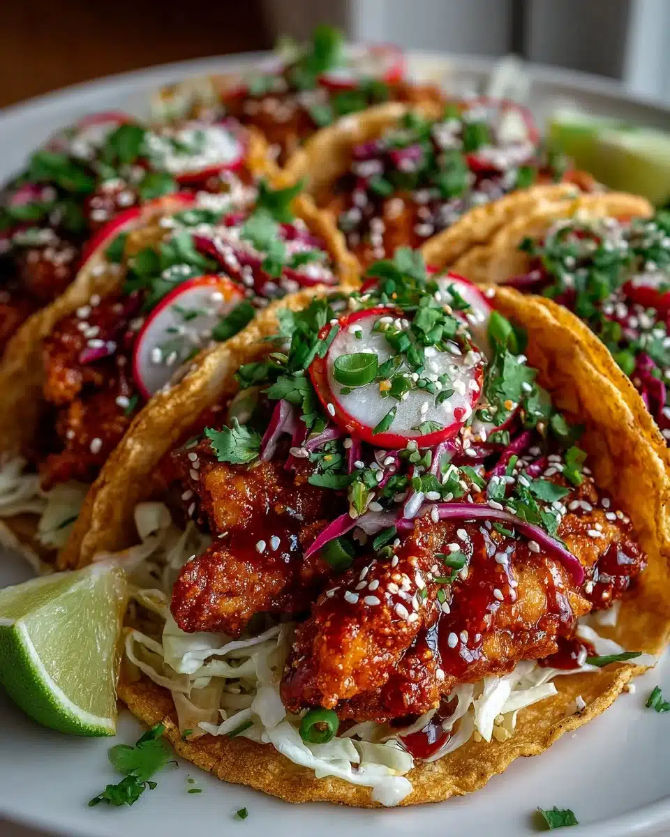 Spicy Korean Fried Chicken Tacos served with fresh toppings