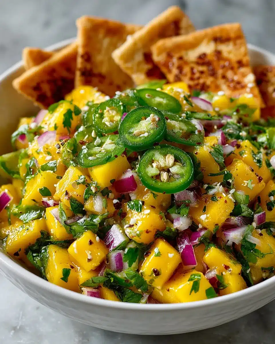 Spicy mango salsa served with baked pita chips on a wooden platter.