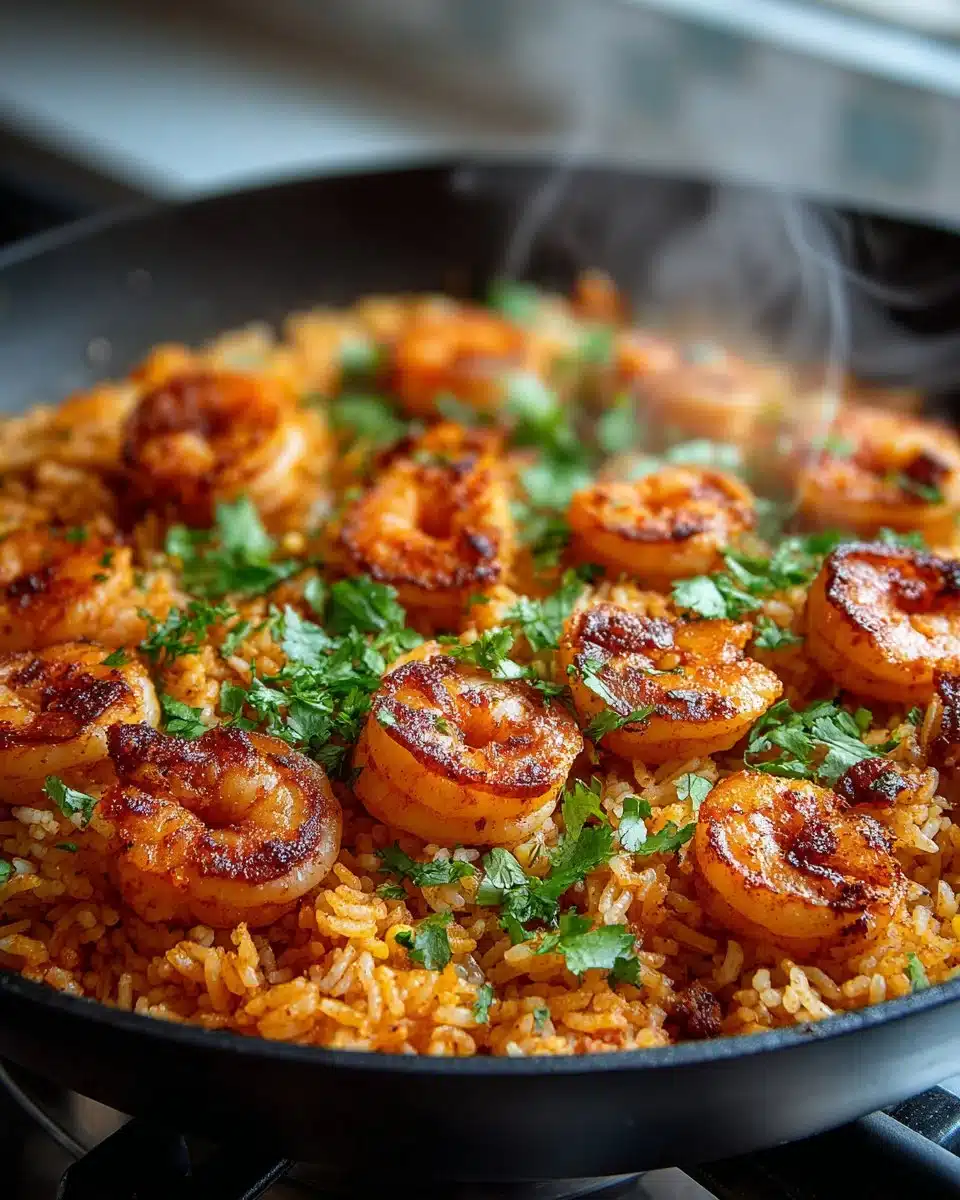 Delicious Spicy Shrimp Mexican Rice Skillet with vibrant ingredients