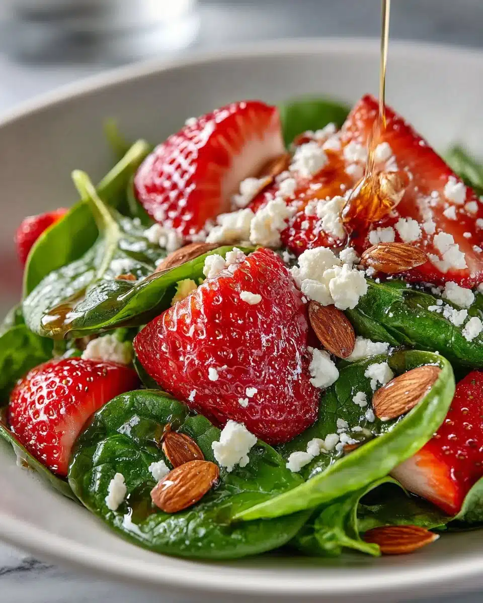 Fresh spinach strawberry salad with almonds drizzled in vinaigrette