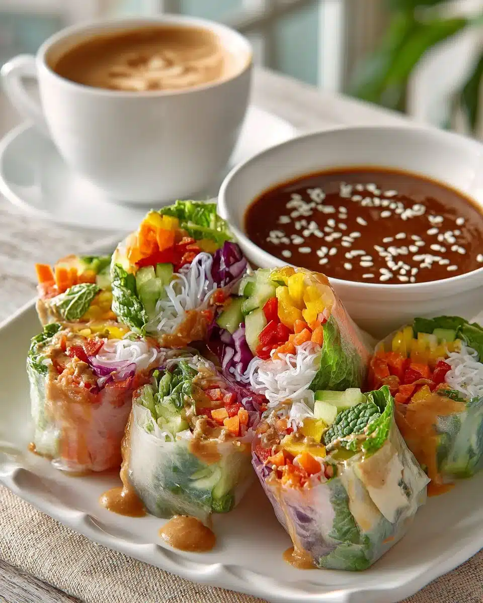 Fresh spring vegetable spring rolls served with creamy peanut sauce