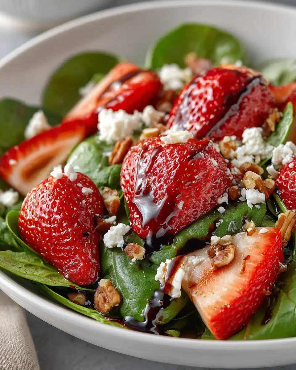 Strawberry and Spinach Balsamic Salad served on a plate