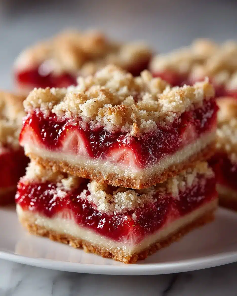 Delicious homemade Strawberry Rhubarb Bars on a serving plate.