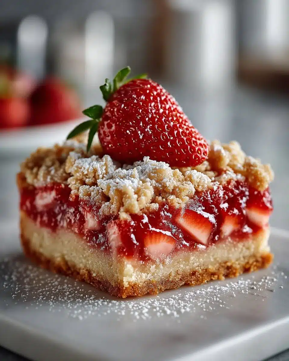 Delicious Strawberry Rhubarb Crumb Bars on a baking sheet ready to serve