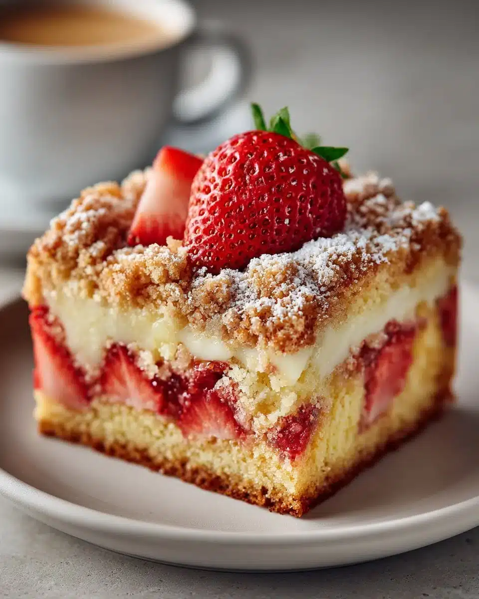 Delicious strawberry rhubarb crumb cake topped with a golden crust