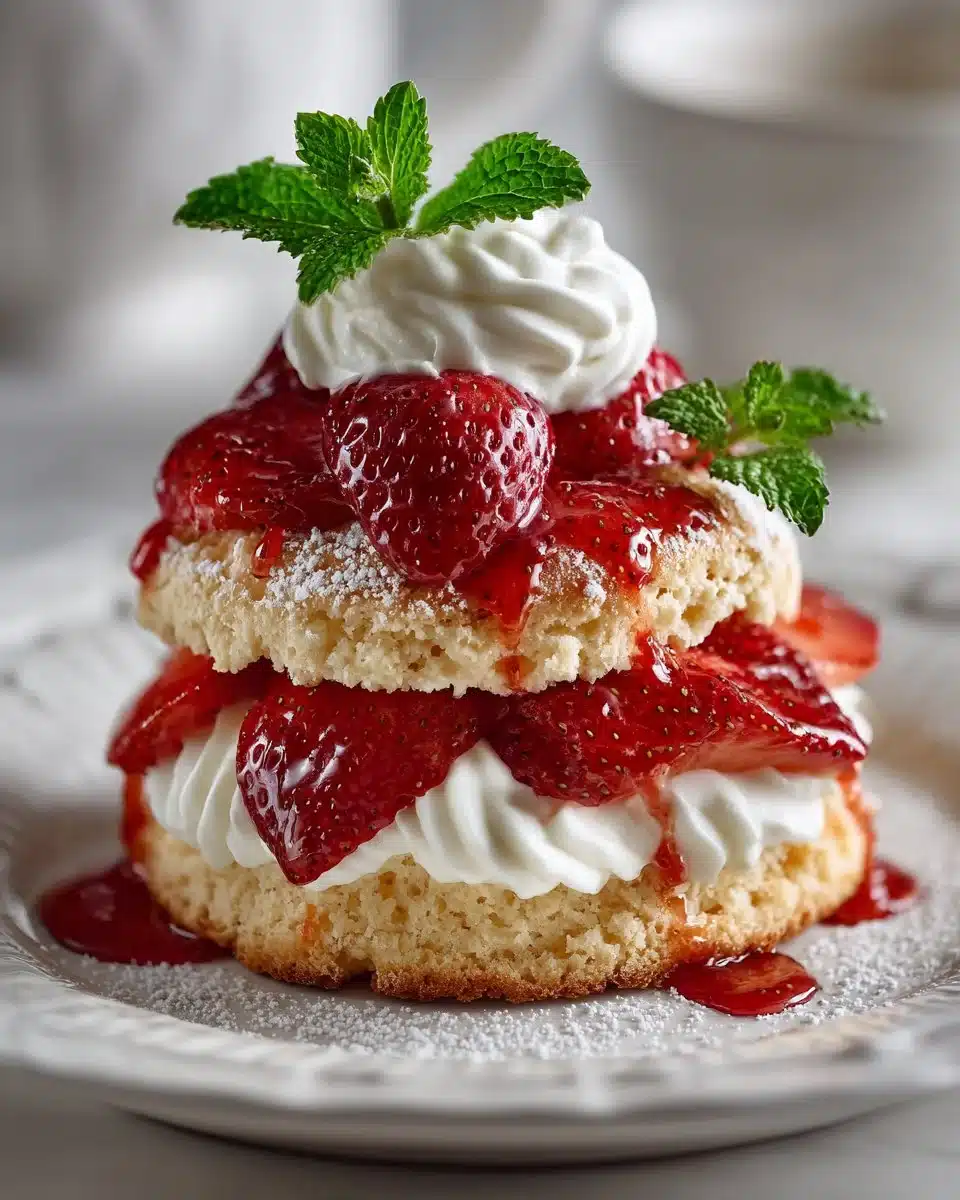 Delicious strawberry shortcake topped with whipped cream on a white plate