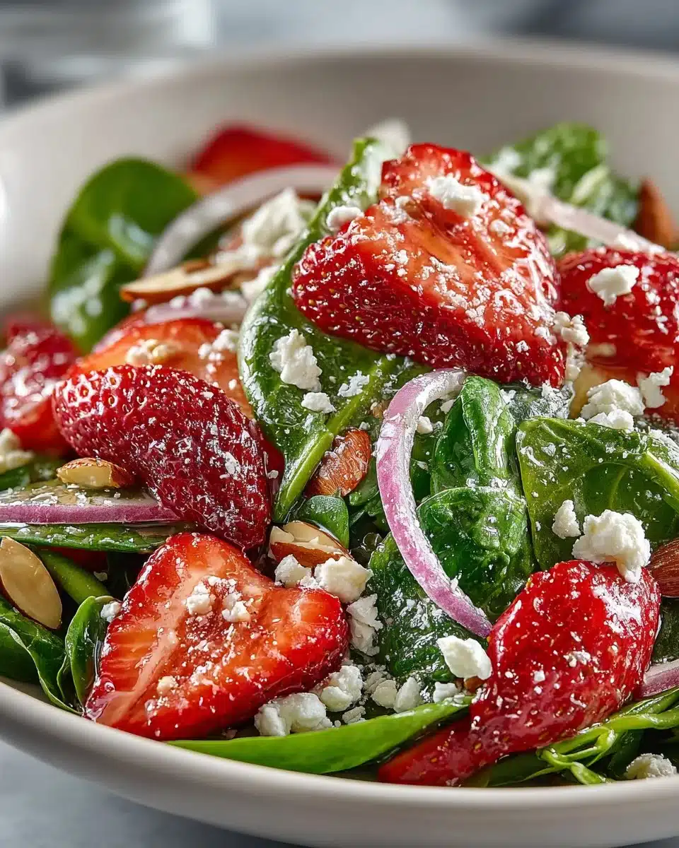 Strawberry Spinach Salad with Lemon Vinaigrette served in a bowl