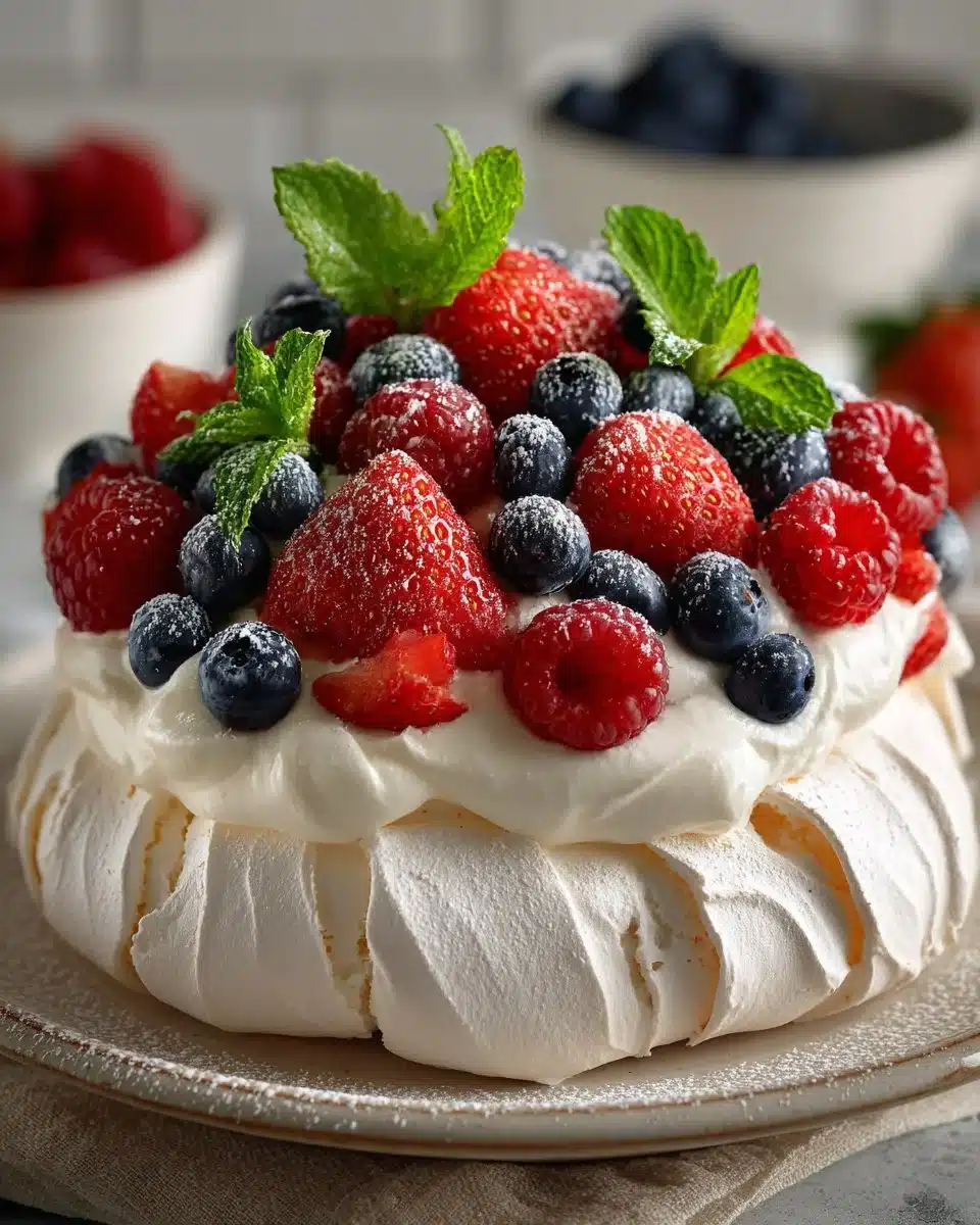 Delicious summer Berry Pavlova cake topped with fresh mixed berries.