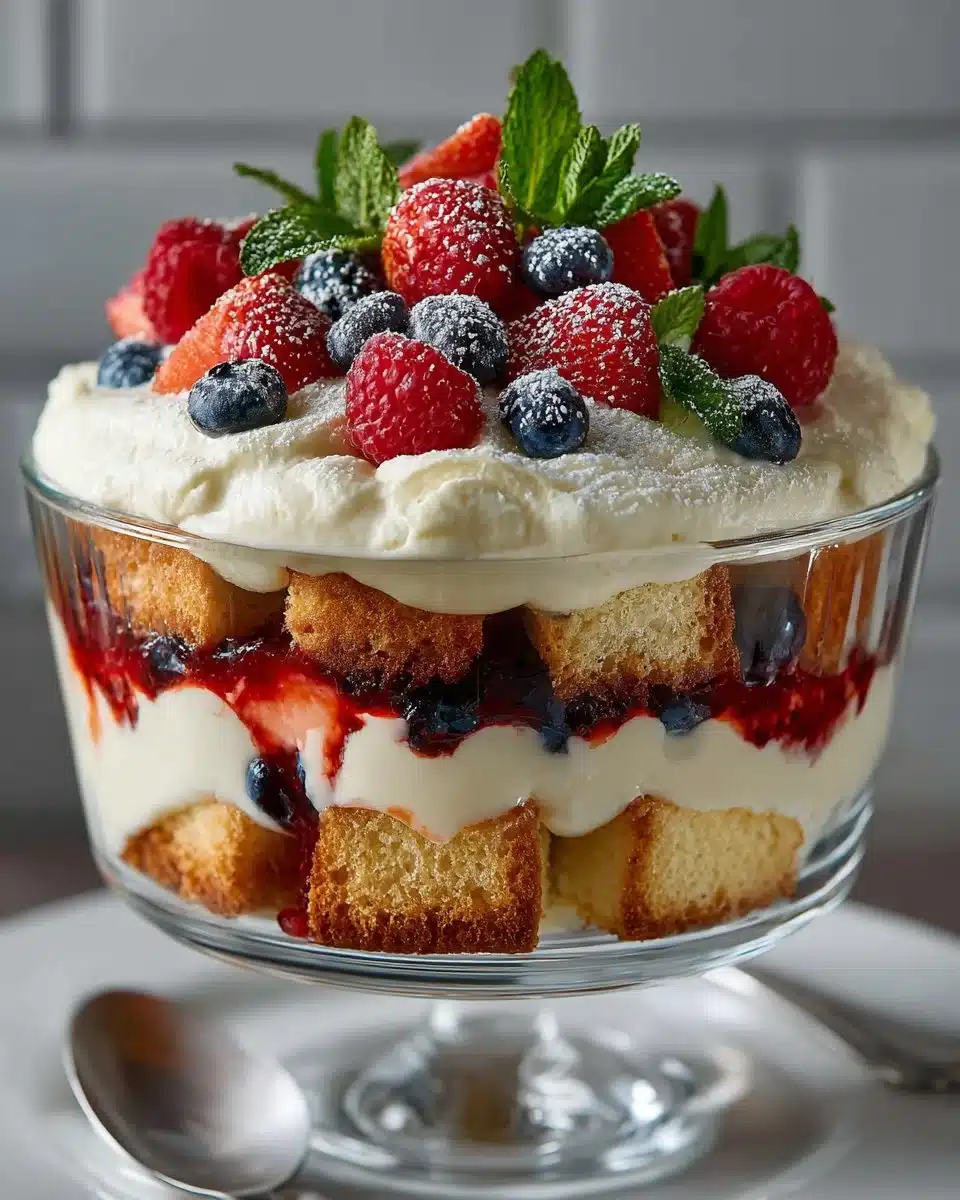 Summer berry trifle dessert layered with vanilla cream and fresh berries
