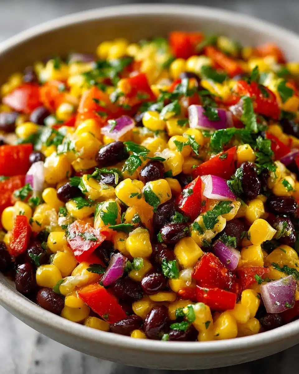 Delicious Sweet Corn and Black Bean Salsa served in a bowl with fresh ingredients