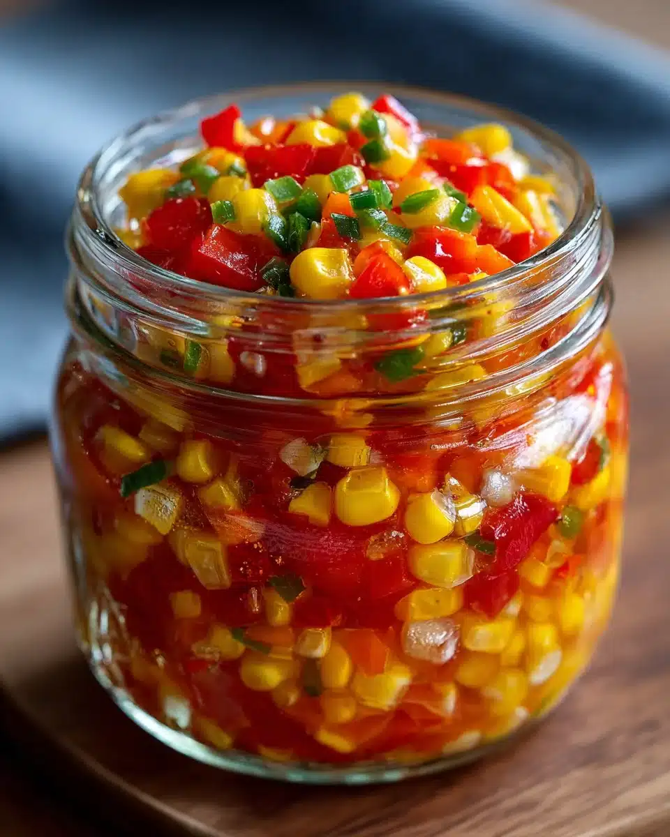 Homemade Sweet Corn and Red Pepper Relish in a jar