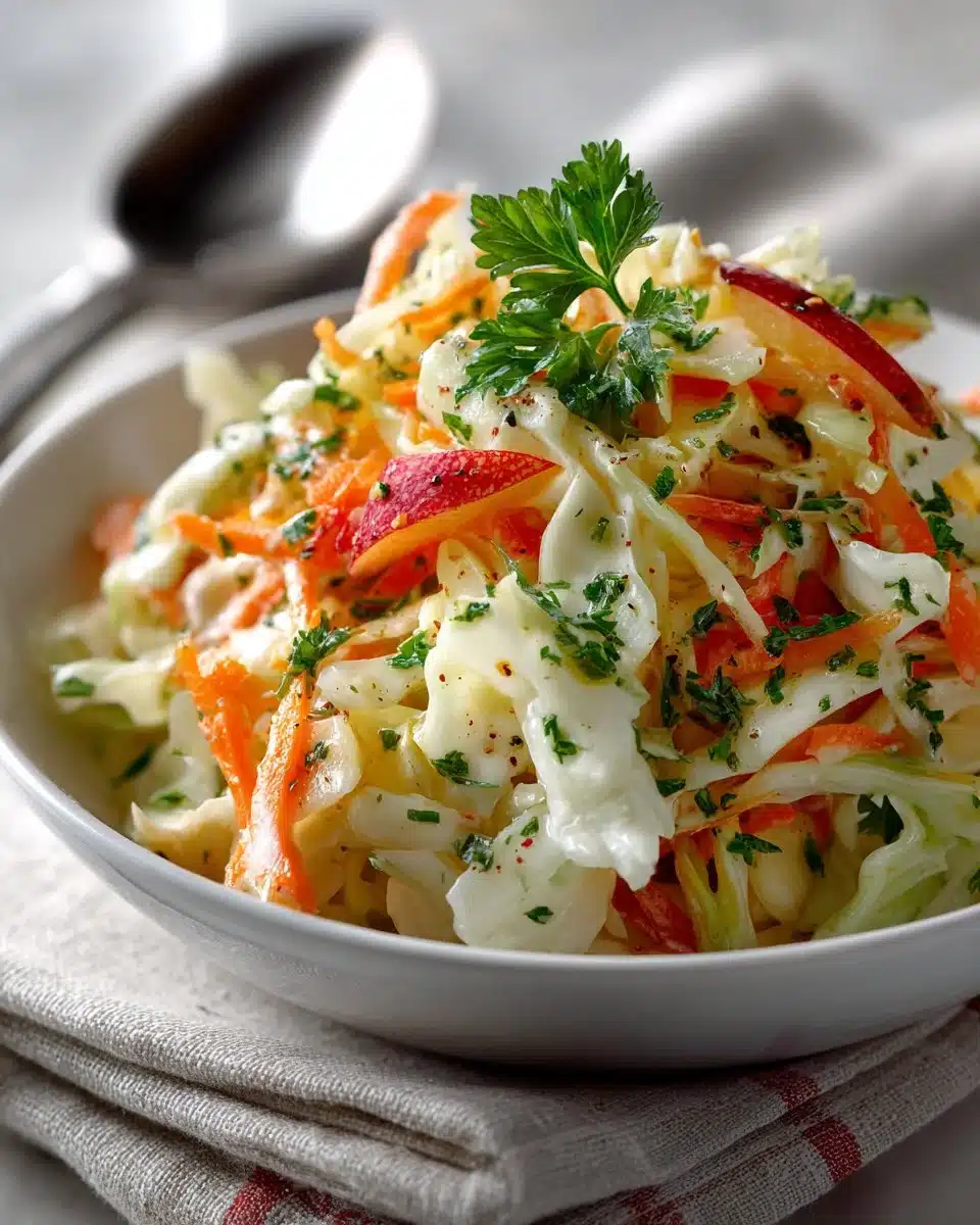 Bowl of tangy apple cider coleslaw with vibrant vegetables and dressing