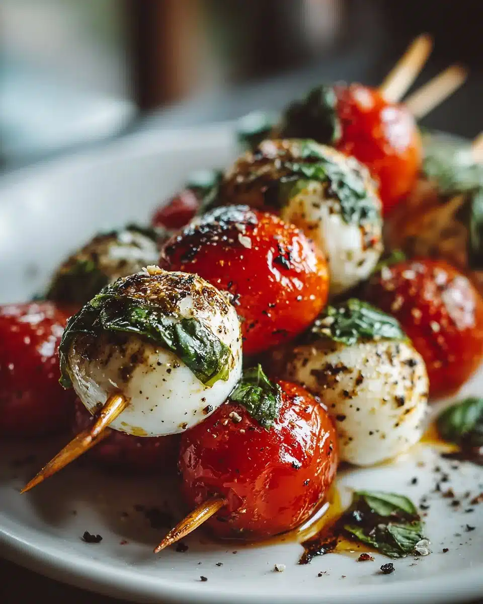 Tomato Basil Mozzarella skewers with fresh herbs and vibrant colors